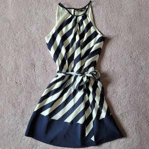 Express Navy & Ivory Diagonal Stripe Dress Fully Lined Removable Belt